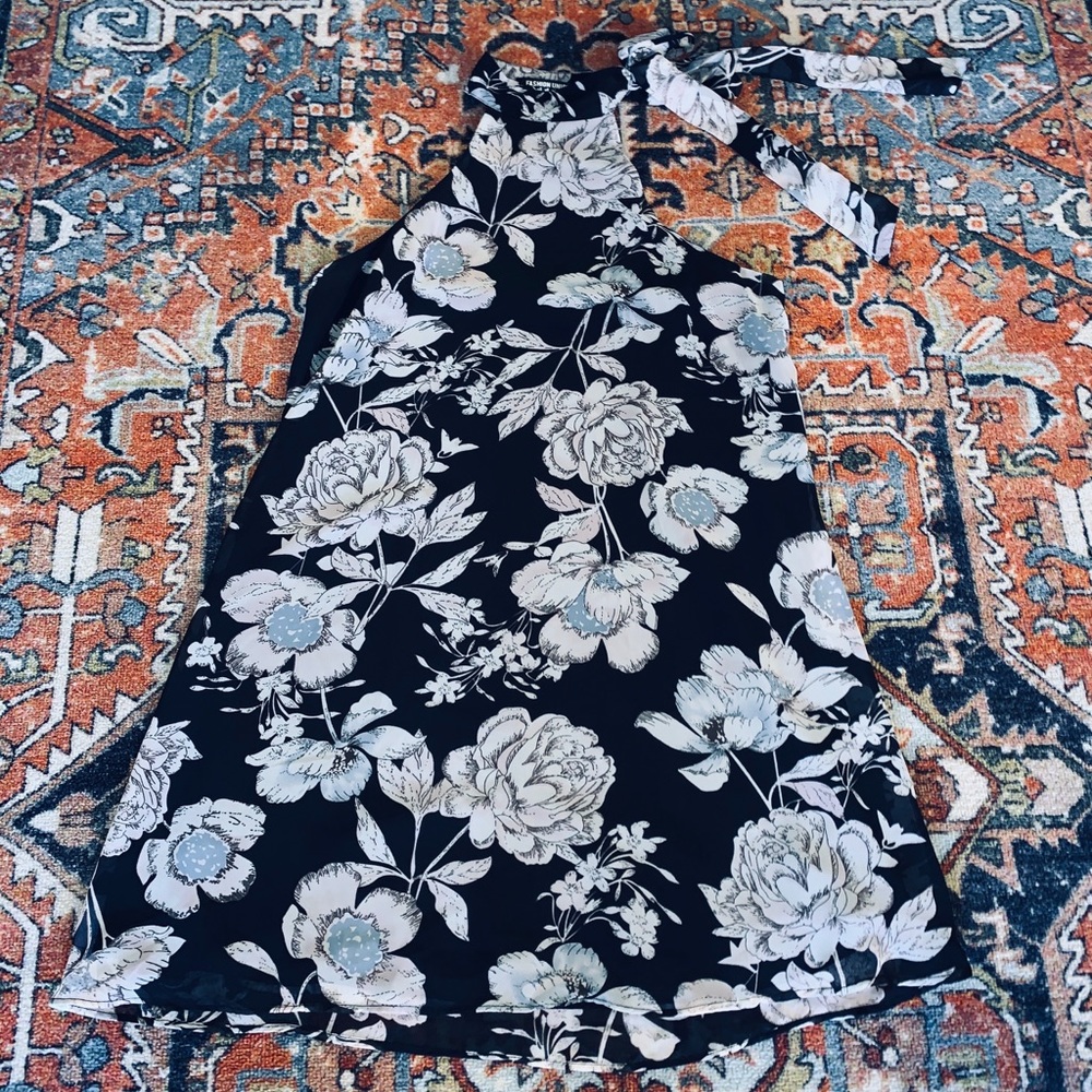 Black Floral Neck Tie Dress